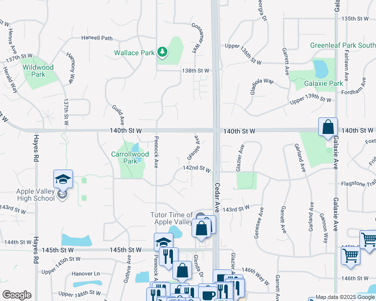 map of restaurants, bars, coffee shops, grocery stores, and more near 14125 Granite Avenue in Apple Valley
