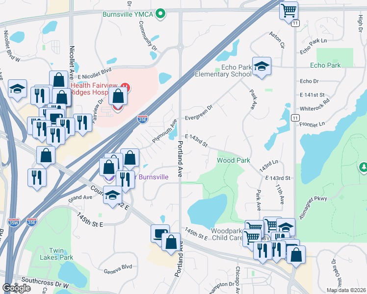 map of restaurants, bars, coffee shops, grocery stores, and more near 14318 Portland Avenue in Burnsville