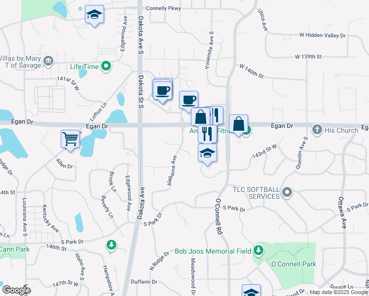 map of restaurants, bars, coffee shops, grocery stores, and more near 14325 Alabama Avenue in Savage