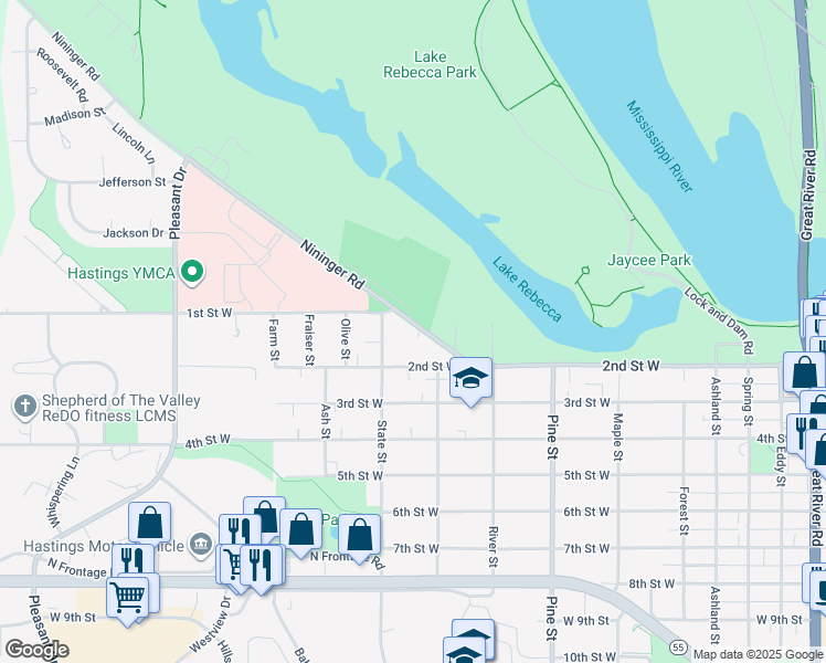map of restaurants, bars, coffee shops, grocery stores, and more near 915 County Road 42 in Hastings