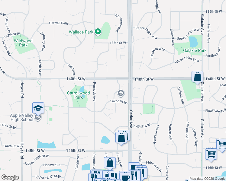 map of restaurants, bars, coffee shops, grocery stores, and more near 14125 Granite Avenue in Apple Valley