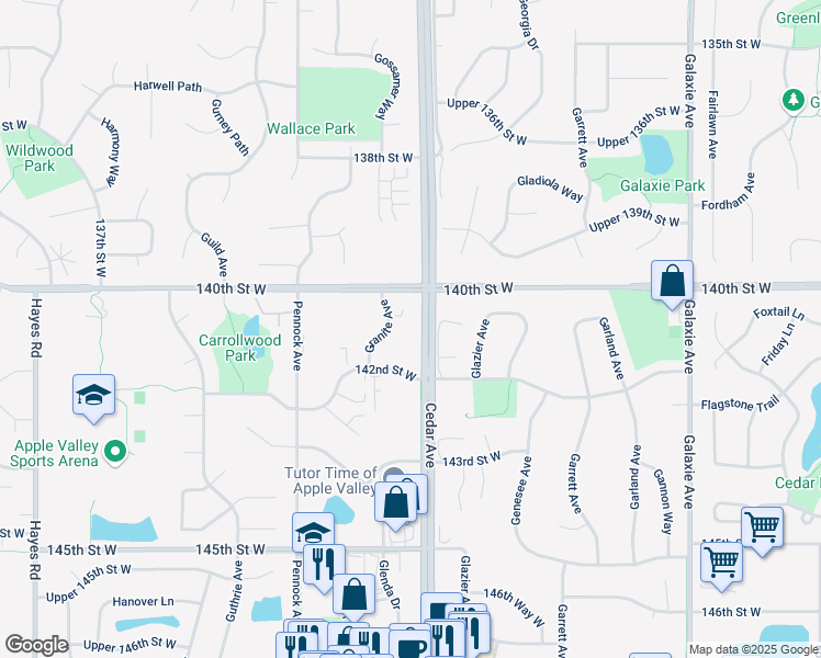 map of restaurants, bars, coffee shops, grocery stores, and more near 14050 Granite Avenue in Apple Valley