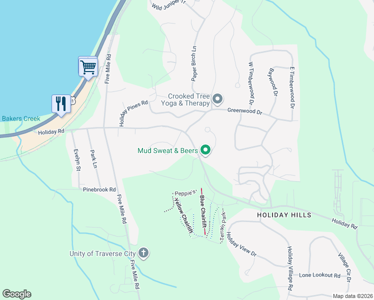 map of restaurants, bars, coffee shops, grocery stores, and more near 3965-4099 Aspen Ridge Road in Traverse City