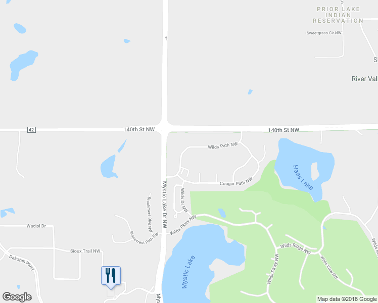 map of restaurants, bars, coffee shops, grocery stores, and more near 14125 Wilds Path Northwest in Prior Lake
