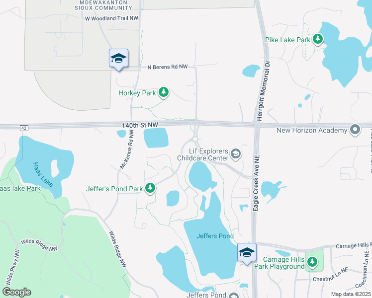 map of restaurants, bars, coffee shops, grocery stores, and more near 3699 Jeffers Parkway Northwest in Prior Lake