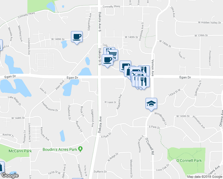 map of restaurants, bars, coffee shops, grocery stores, and more near 6153 West 143rd Street in Savage