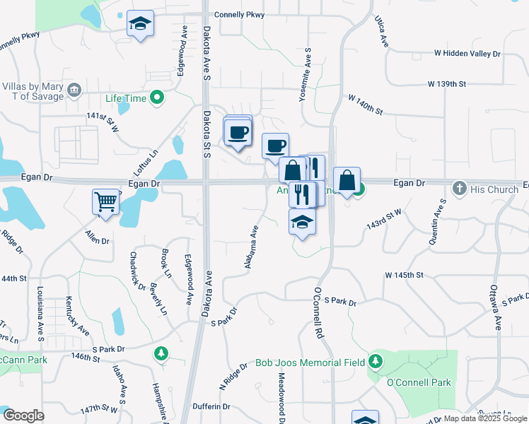 map of restaurants, bars, coffee shops, grocery stores, and more near 5409 West 143rd Street in Savage