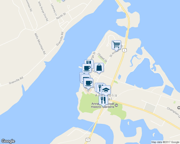 map of restaurants, bars, coffee shops, grocery stores, and more near 9 Church St in Annapolis Royal