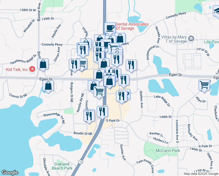 map of restaurants, bars, coffee shops, grocery stores, and more near 14257-14289 Highway 13 in Savage