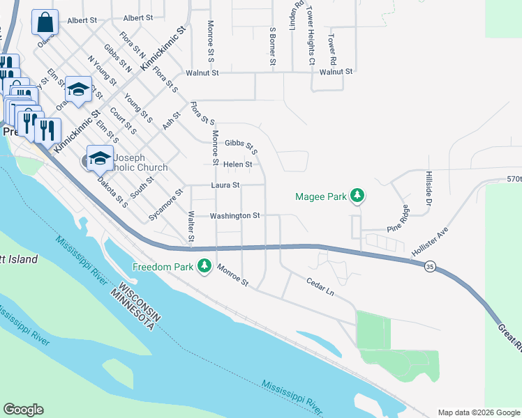 map of restaurants, bars, coffee shops, grocery stores, and more near 953 Washington Street in Prescott