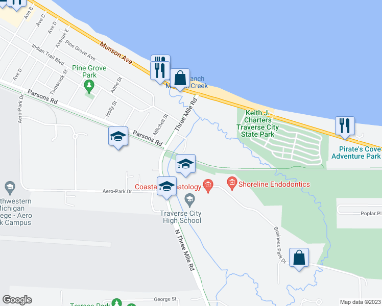 map of restaurants, bars, coffee shops, grocery stores, and more near 4202 Mitchell Creek Drive in Traverse City