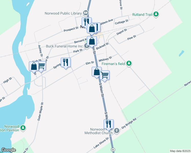 map of restaurants, bars, coffee shops, grocery stores, and more near 51-53 S Main St in Norwood