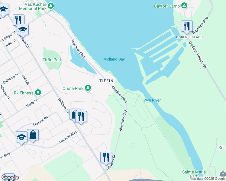 map of restaurants, bars, coffee shops, grocery stores, and more near 734 Aberdeen Boulevard in Midland