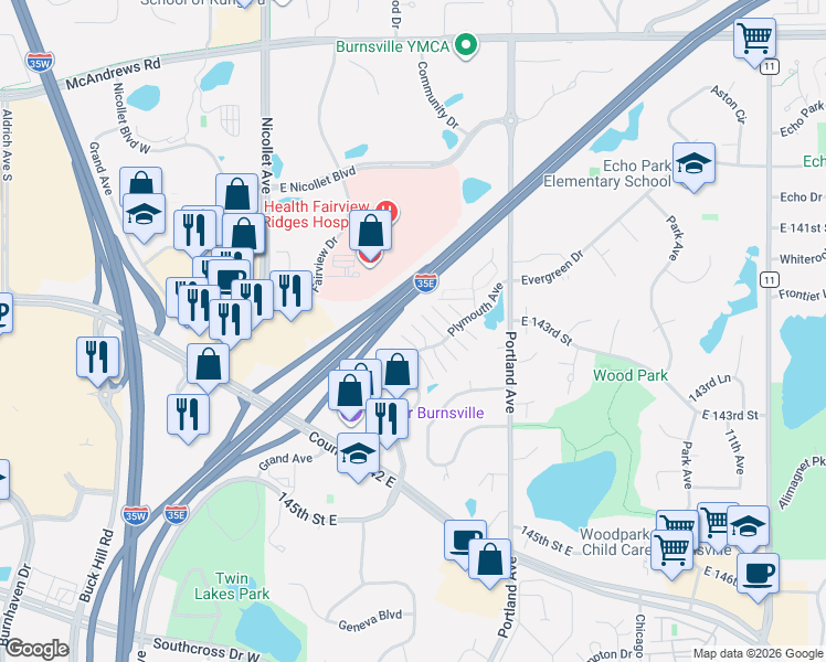 map of restaurants, bars, coffee shops, grocery stores, and more near 14147 Plymouth Avenue in Burnsville
