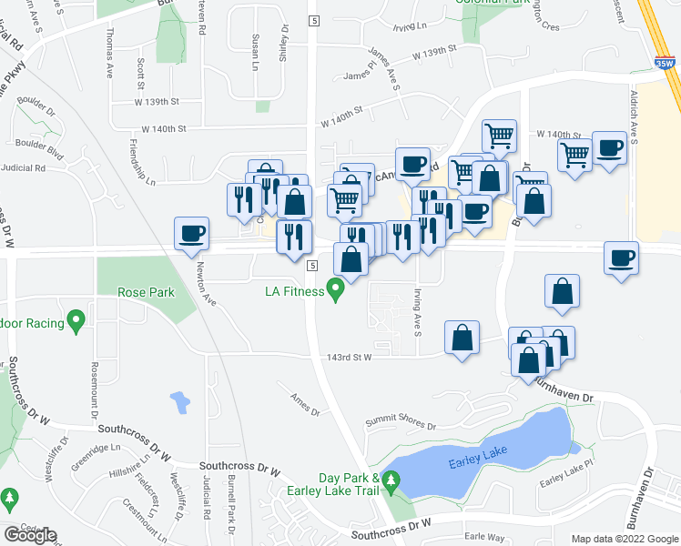 map of restaurants, bars, coffee shops, grocery stores, and more near 1605 County Road 42 West in Burnsville
