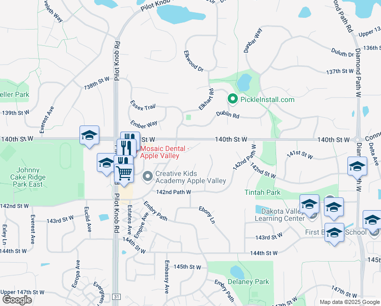 map of restaurants, bars, coffee shops, grocery stores, and more near 14106 Ensley Court in Apple Valley