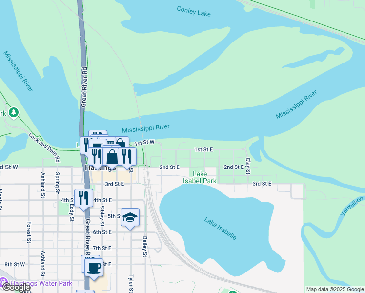 map of restaurants, bars, coffee shops, grocery stores, and more near 707 1st Street East in Hastings