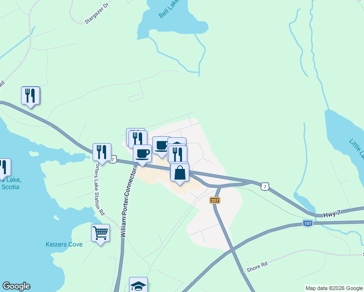 map of restaurants, bars, coffee shops, grocery stores, and more near 76 James Roy Drive in Porters Lake