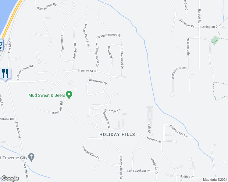 map of restaurants, bars, coffee shops, grocery stores, and more near 3463 Blackwood Drive in Traverse City