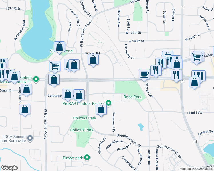 map of restaurants, bars, coffee shops, grocery stores, and more near 3200 Corporate Center Dr in Burnsville