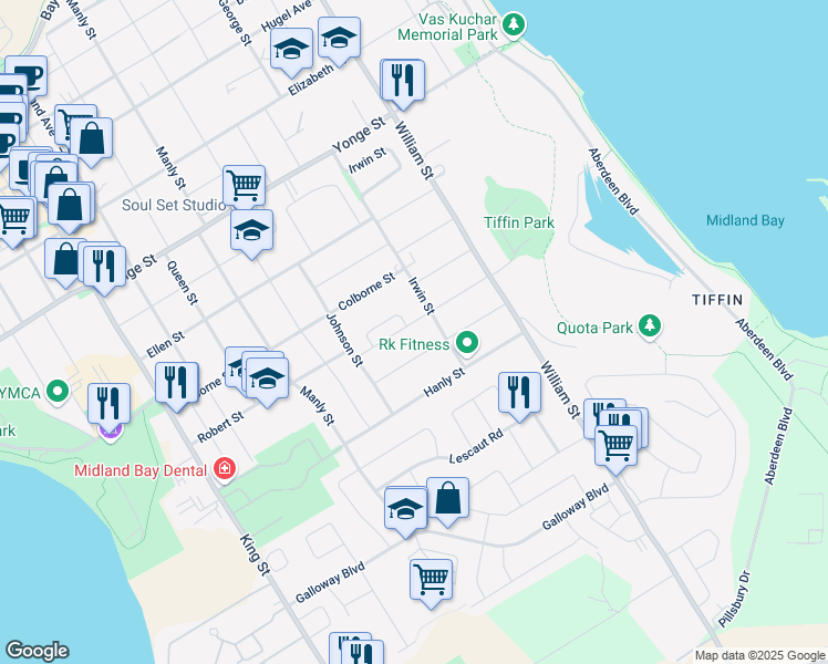 map of restaurants, bars, coffee shops, grocery stores, and more near 295 Scott Street in Midland