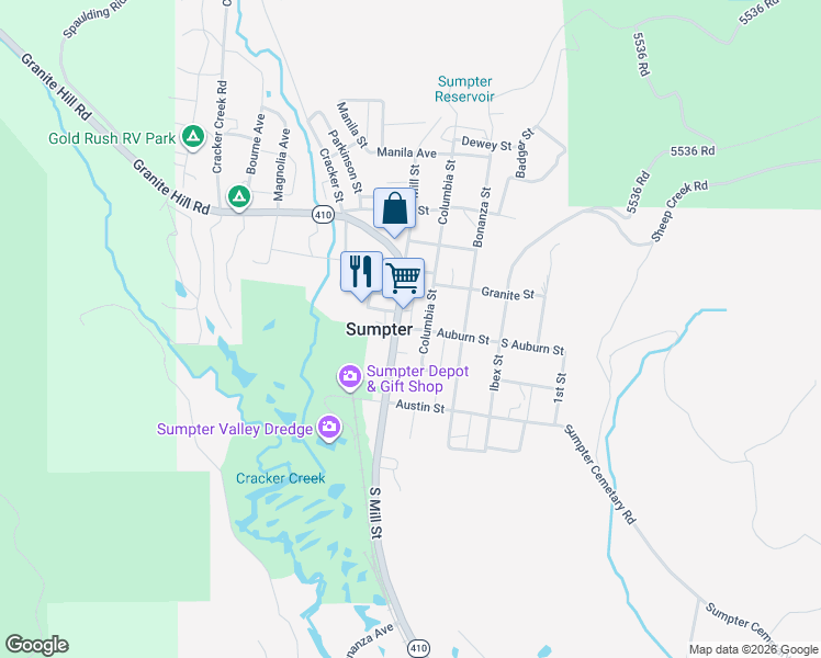 map of restaurants, bars, coffee shops, grocery stores, and more near East Auburn Street in Sumpter