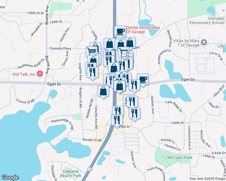 map of restaurants, bars, coffee shops, grocery stores, and more near 14257 State Highway 13 in Savage