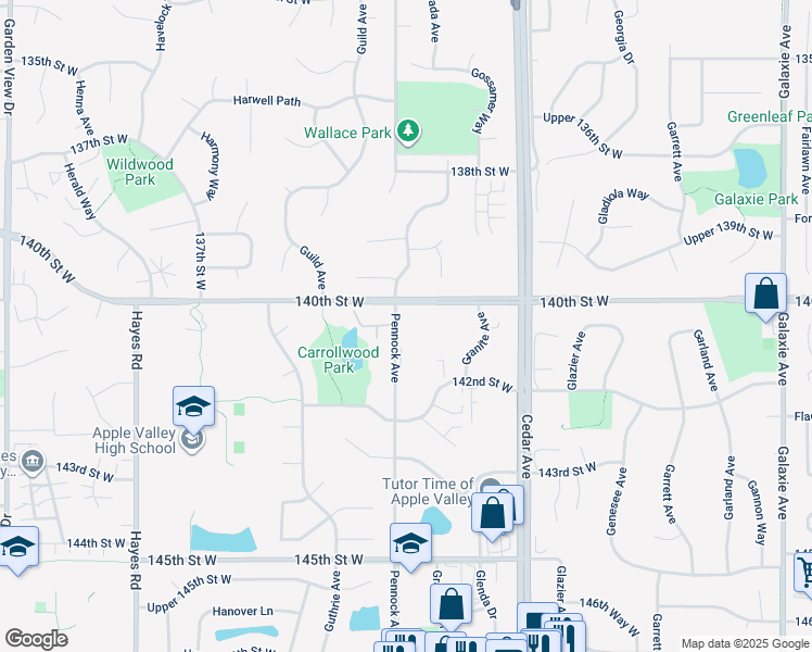 map of restaurants, bars, coffee shops, grocery stores, and more near 14018 Pennock Avenue in Apple Valley