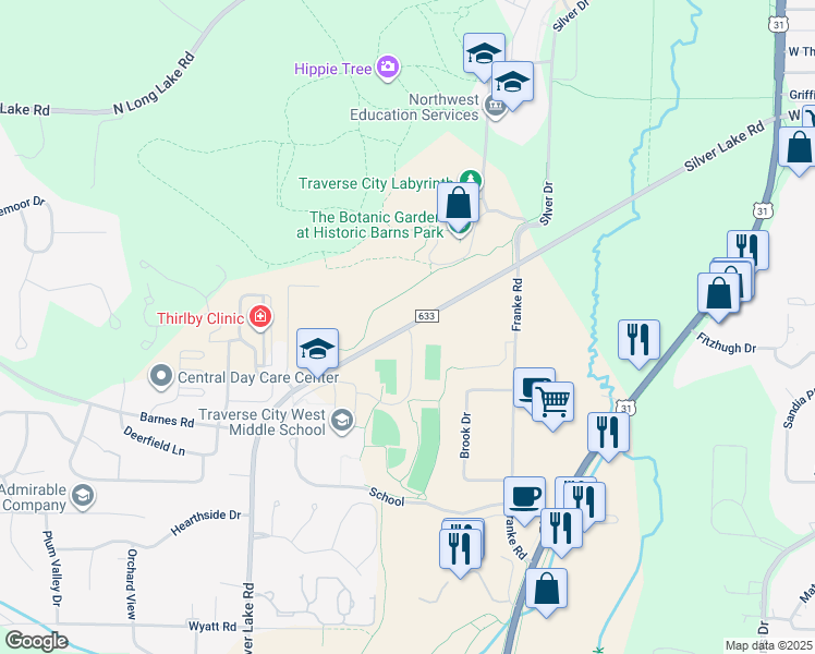 map of restaurants, bars, coffee shops, grocery stores, and more near Silver Lake Road in Traverse City