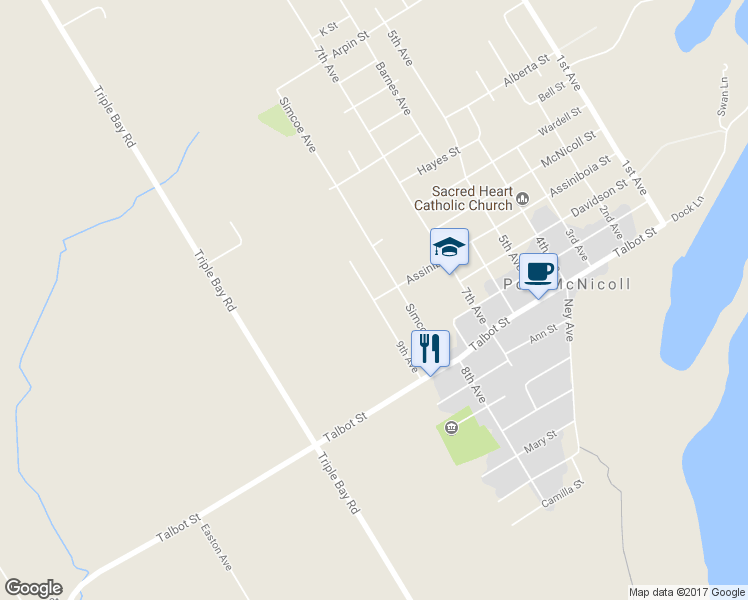 map of restaurants, bars, coffee shops, grocery stores, and more near 9th Avenue in Port McNicoll