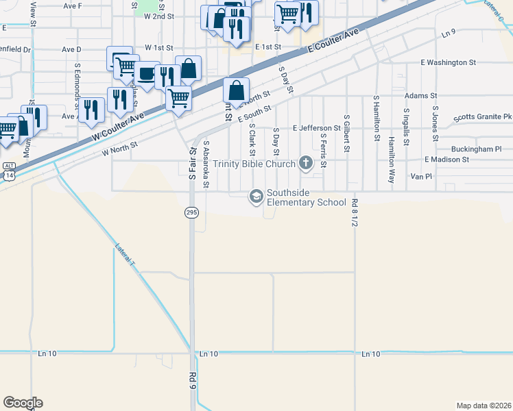 map of restaurants, bars, coffee shops, grocery stores, and more near 301-349 East Monroe Street in Powell