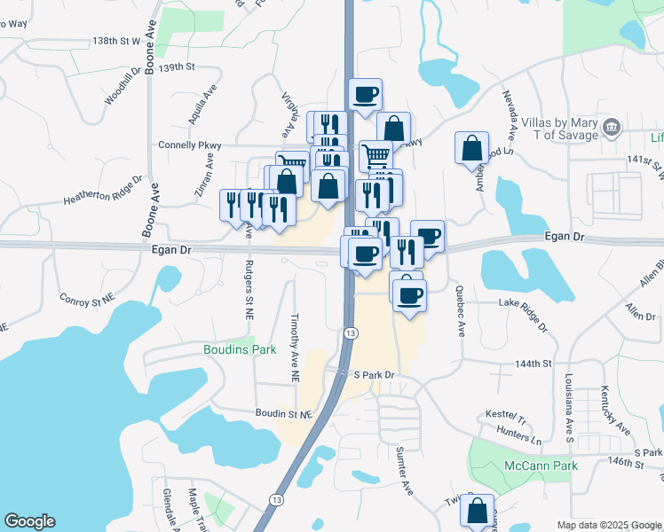 map of restaurants, bars, coffee shops, grocery stores, and more near 8100 County Road 42 in Savage