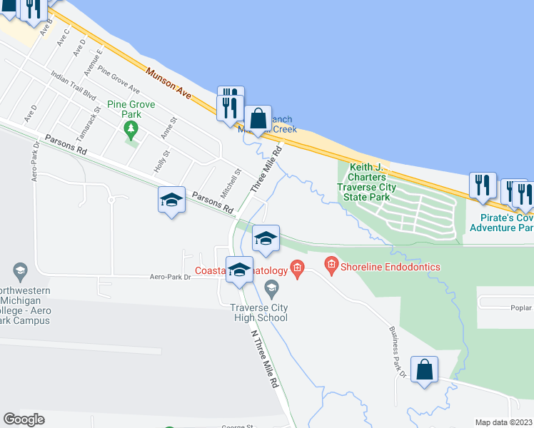 map of restaurants, bars, coffee shops, grocery stores, and more near 4240 Mitchell Creek Drive in Traverse City