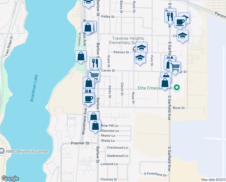 map of restaurants, bars, coffee shops, grocery stores, and more near 1147 Santo Street in Traverse City