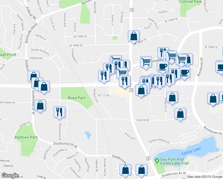 map of restaurants, bars, coffee shops, grocery stores, and more near 14201 Morgan Avenue South in Burnsville