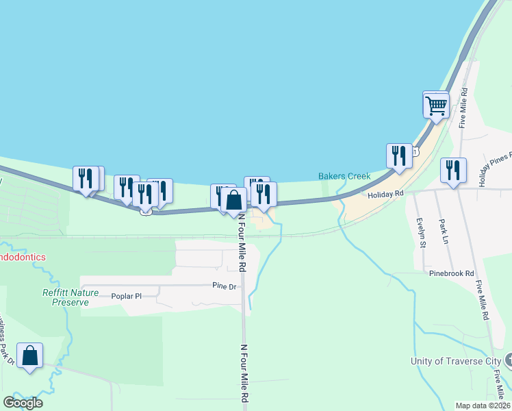map of restaurants, bars, coffee shops, grocery stores, and more near 2057 Munson Avenue in Traverse City