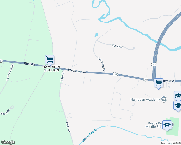 map of restaurants, bars, coffee shops, grocery stores, and more near 199 Western Avenue in Hampden