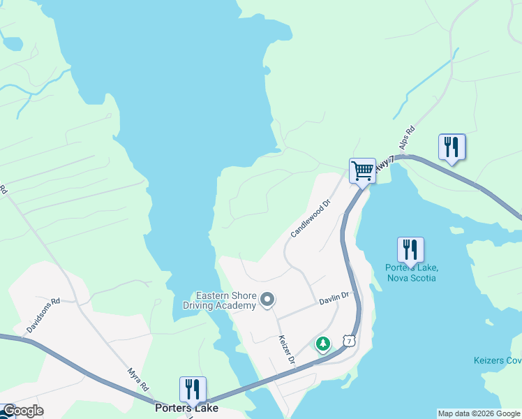 map of restaurants, bars, coffee shops, grocery stores, and more near 72 Whisper Ridge in Porters Lake