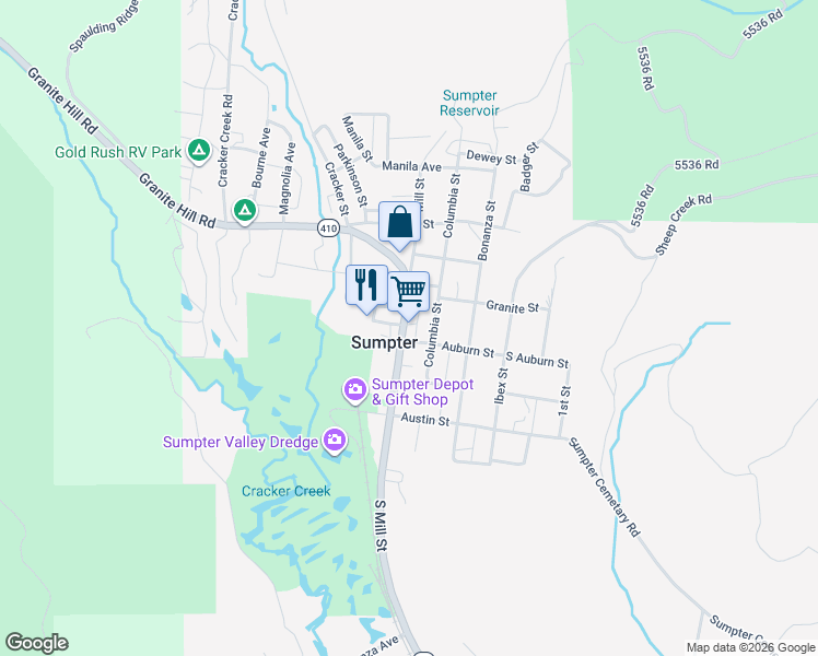 map of restaurants, bars, coffee shops, grocery stores, and more near 132 Center Street in Sumpter