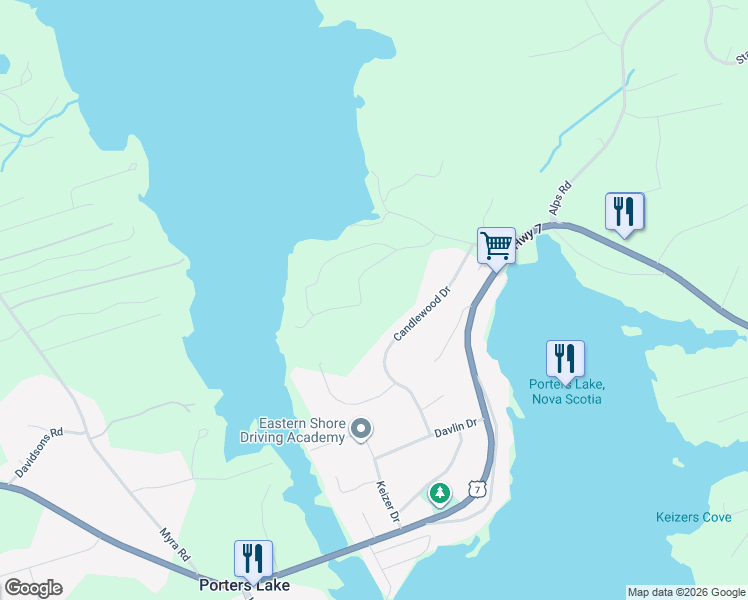 map of restaurants, bars, coffee shops, grocery stores, and more near 0 Silver Cove Lane in Porters Lake