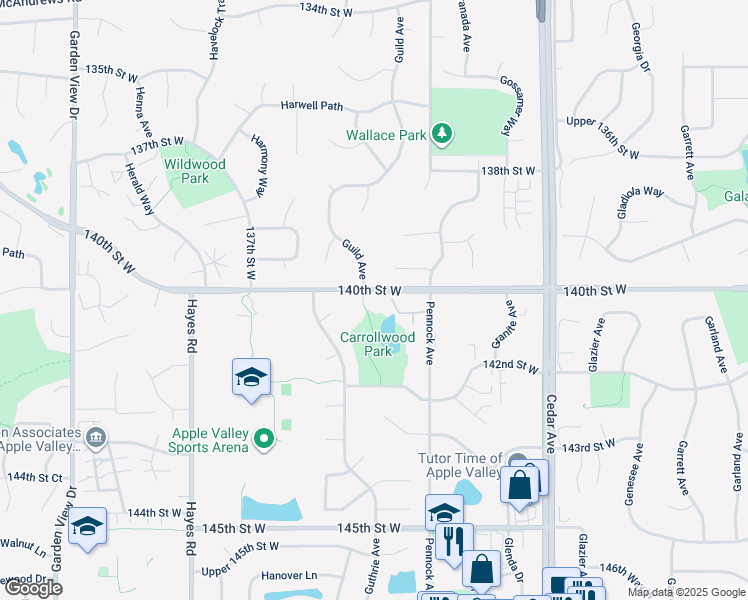map of restaurants, bars, coffee shops, grocery stores, and more near 7930 Upper 139th Court in Saint Paul