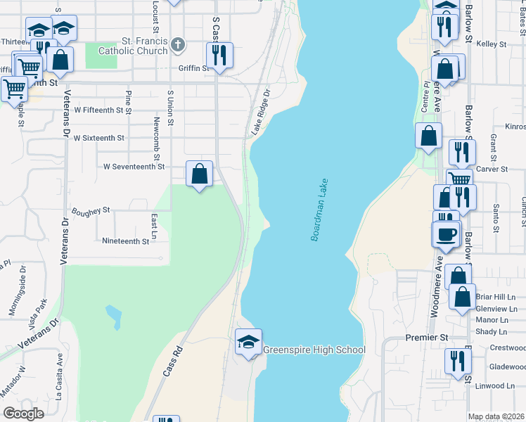 map of restaurants, bars, coffee shops, grocery stores, and more near 1507-1599 South Cass Street in Traverse City