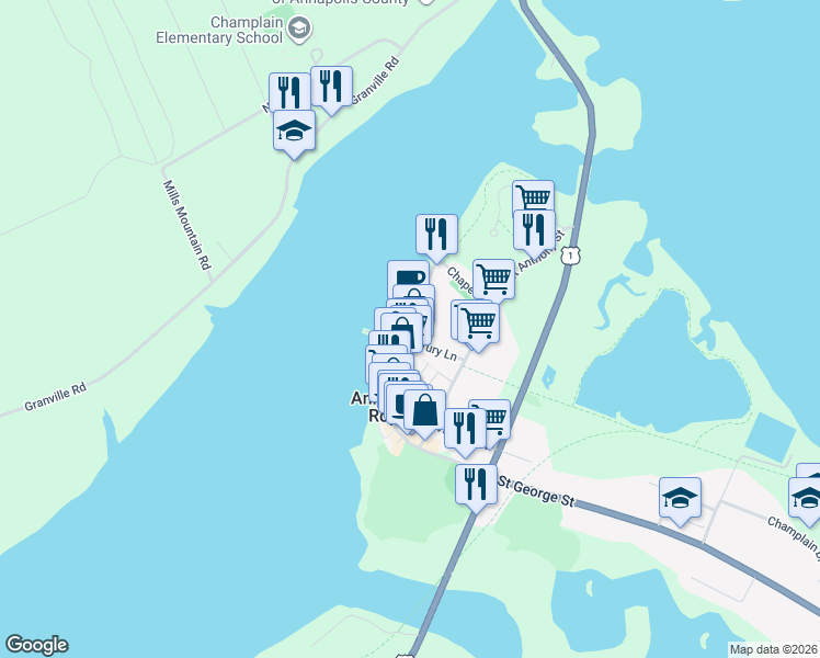 map of restaurants, bars, coffee shops, grocery stores, and more near 170 Saint George Street in Annapolis Royal