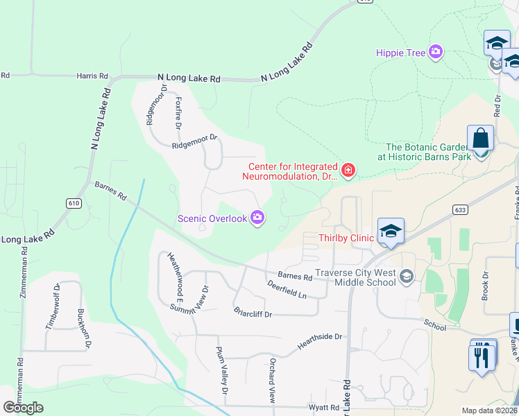map of restaurants, bars, coffee shops, grocery stores, and more near 4101 Cherry Lane in Traverse City