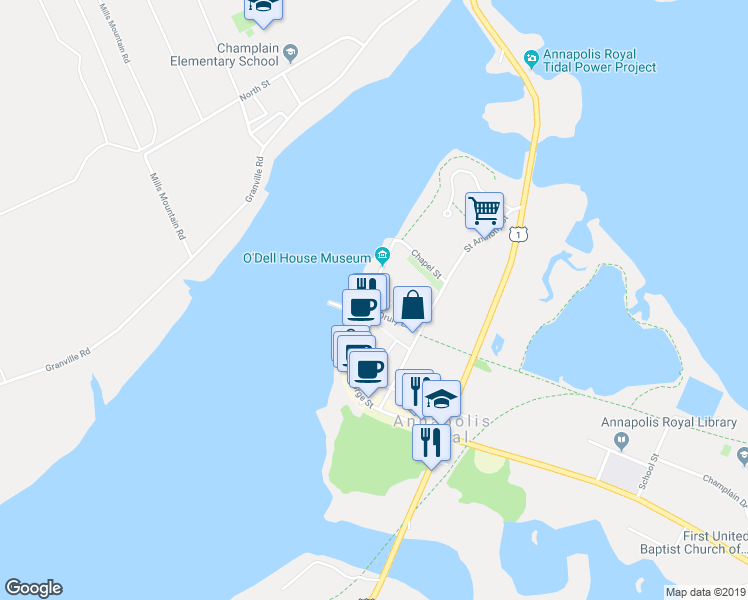 map of restaurants, bars, coffee shops, grocery stores, and more near 174 Saint George Street in Annapolis Royal