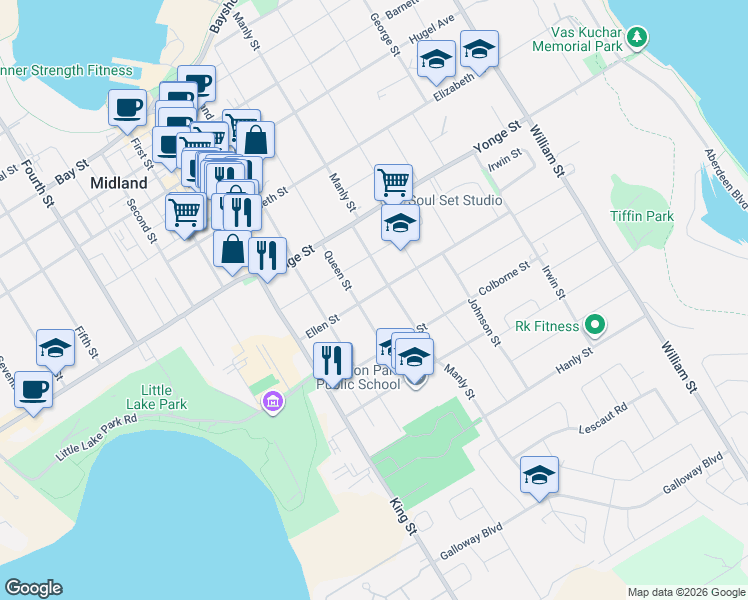 map of restaurants, bars, coffee shops, grocery stores, and more near 423 Ellen Street in Midland