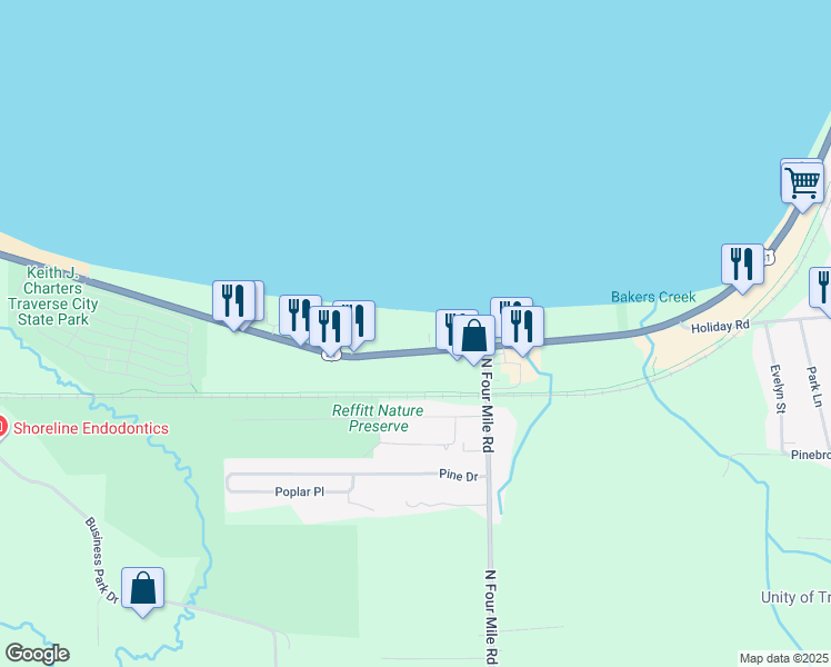 map of restaurants, bars, coffee shops, grocery stores, and more near 1847 U.S. 31 in Traverse City