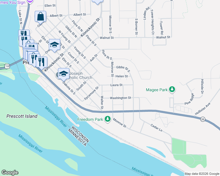 map of restaurants, bars, coffee shops, grocery stores, and more near 735 Laura Street in Prescott