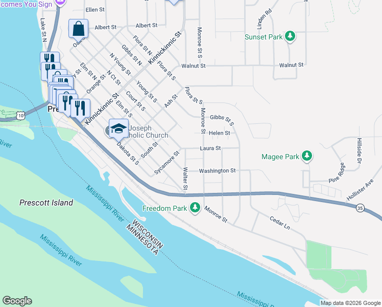 map of restaurants, bars, coffee shops, grocery stores, and more near 475 Walter Street in Prescott