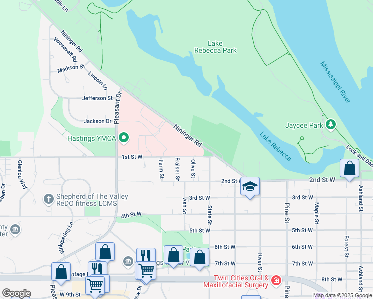 map of restaurants, bars, coffee shops, grocery stores, and more near 1008 1st Street West in Hastings